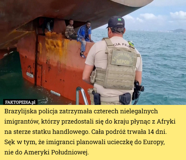 Brazylijska policja zatrzymała czterech nielegalnych imigrantów, którzy przedostali się do kraju płynąc z Afryki na sterze statku handlowego. Cała podróż trwała 14 dni.
Sęk w tym, że imigranci planowali ucieczkę do Europy,
 nie do Ameryki Południowej. 