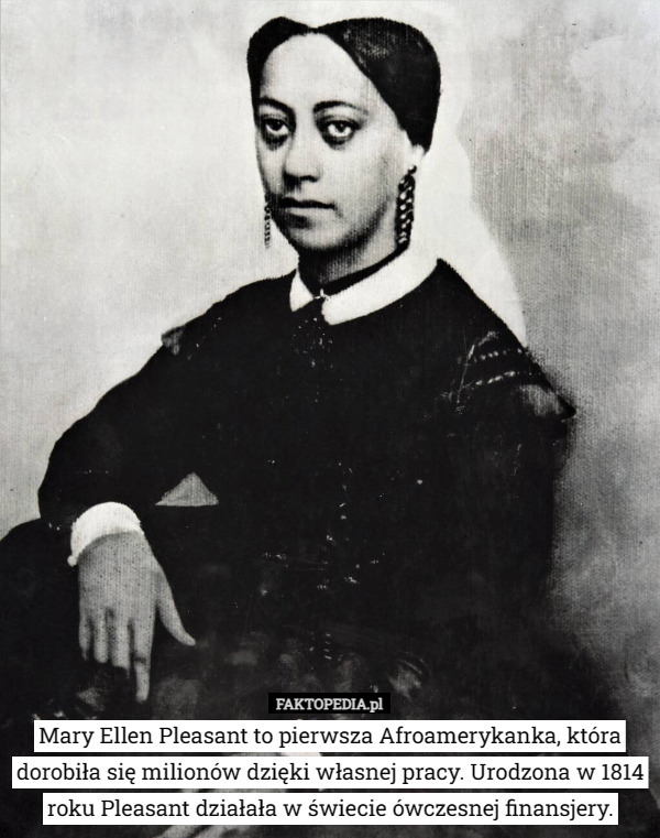 Mary Ellen Pleasant to pierwsza Afroamerykanka, która dorobiła się milionów dzięki własnej pracy. Urodzona w 1814 roku Pleasant działała w świecie ówczesnej finansjery. 
