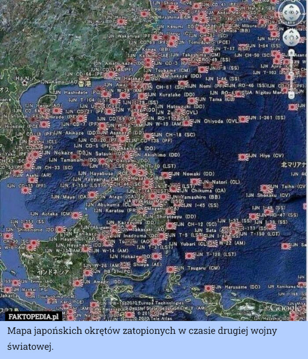 Mapa japońskich okrętów zatopionych w czasie drugiej wojny światowej. 