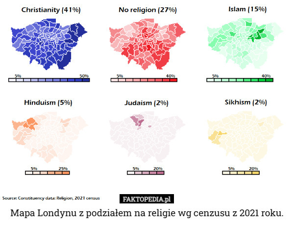 Mapa Londynu z podziałem na religie wg cenzusu z 2021 roku. 