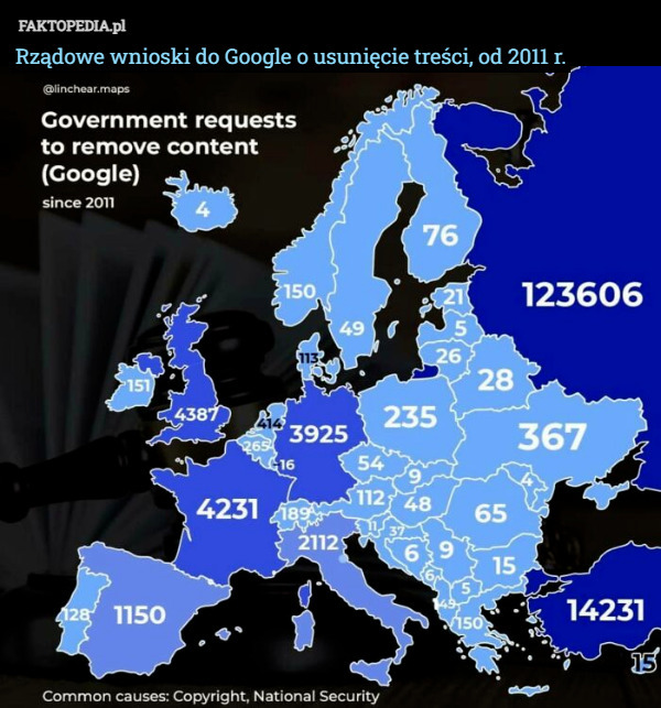 Rządowe wnioski do Google o usunięcie treści, od 2011 r. 