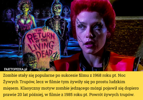 Zombie stały się popularne po sukcesie filmu z 1968 roku pt. Noc Żywych Trupów, lecz w filmie tym żywiły się po prostu ludzkim mięsem. Klasyczny motyw zombie jedzącego mózgi pojawił się dopiero prawie 20 lat później, w filmie z 1985 roku pt. Powrót żywych trupów. 