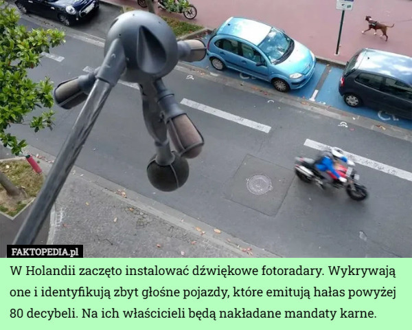 W Holandii zaczęto instalować dźwiękowe fotoradary. Wykrywają one i identyfikują zbyt głośne pojazdy, które emitują hałas powyżej 80 decybeli. Na ich właścicieli będą nakładane mandaty karne. 
