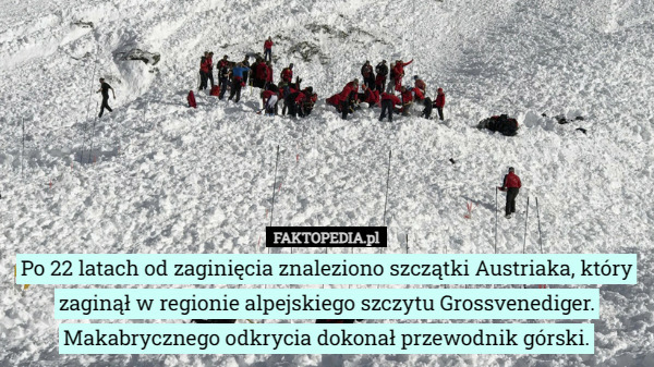 Po 22 latach od zaginięcia znaleziono szczątki Austriaka, który zaginął w regionie alpejskiego szczytu Grossvenediger. Makabrycznego odkrycia dokonał przewodnik górski. 