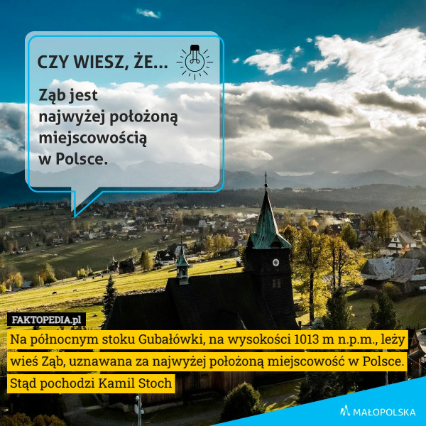 Na północnym stoku Gubałówki, na wysokości 1013 m n.p.m., leży wieś Ząb, uznawana za najwyżej położoną miejscowość w Polsce. Stąd pochodzi Kamil Stoch 