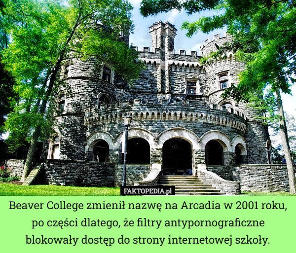 Beaver College zmienił nazwę na Arcadia w 2001 roku, po części dlatego, że filtry antypornograficzne blokowały dostęp do strony internetowej szkoły. 