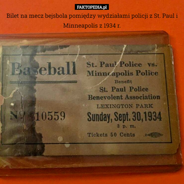 Bilet na mecz bejsbola pomiędzy wydziałami policji z St. Paul i Minneapolis z 1934 r. 
