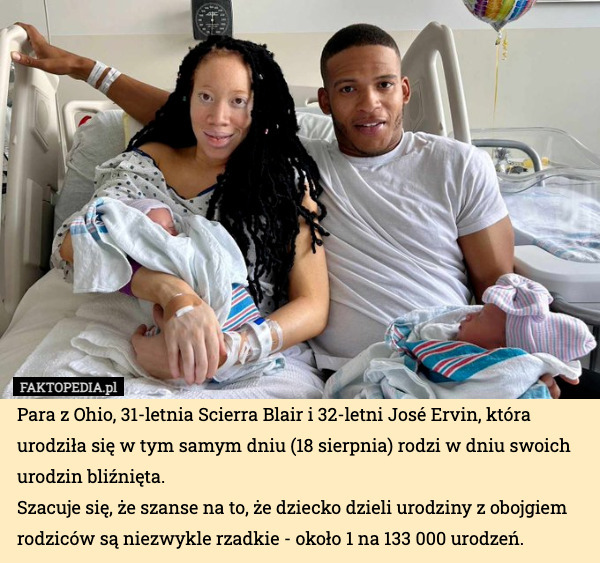 Para z Ohio, 31-letnia Scierra Blair i 32-letni José Ervin, która urodziła się w tym samym dniu (18 sierpnia) rodzi w dniu swoich urodzin bliźnięta.
Szacuje się, że szanse na to, że dziecko dzieli urodziny z obojgiem rodziców są niezwykle rzadkie - około 1 na 133 000 urodzeń. 