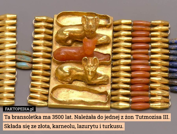 Ta bransoletka ma 3500 lat. Należała do jednej z żon Tutmozisa III. Składa się ze złota, karneolu, lazurytu i turkusu. 