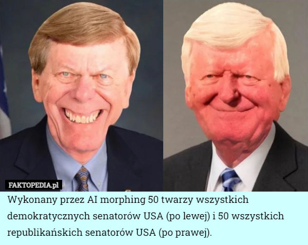 Wykonany przez AI morphing 50 twarzy wszystkich demokratycznych senatorów USA (po lewej) i 50 wszystkich republikańskich senatorów USA (po prawej). 