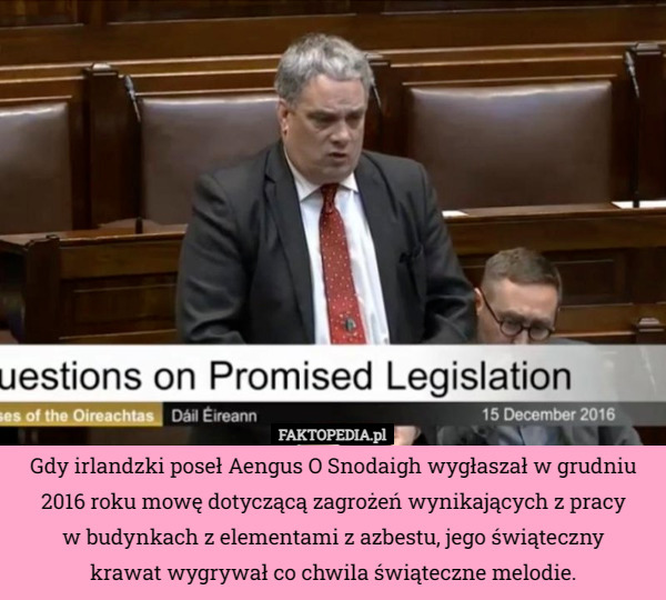 Gdy irlandzki poseł Aengus O Snodaigh wygłaszał w grudniu 2016 roku mowę dotyczącą zagrożeń wynikających z pracy
w budynkach z elementami z azbestu, jego świąteczny
 krawat wygrywał co chwila świąteczne melodie. 