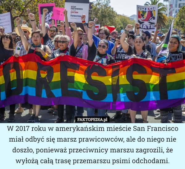 W 2017 roku w amerykańskim mieście San Francisco miał odbyć się marsz prawicowców, ale do niego nie doszło, ponieważ przeciwnicy marszu zagrozili, że wyłożą całą trasę przemarszu psimi odchodami. 
