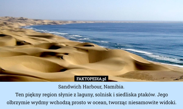 Sandwich Harbour, Namibia.
Ten piękny region słynie z laguny, solnisk i siedliska ptaków. Jego olbrzymie wydmy wchodzą prosto w ocean, tworząc niesamowite widoki. 