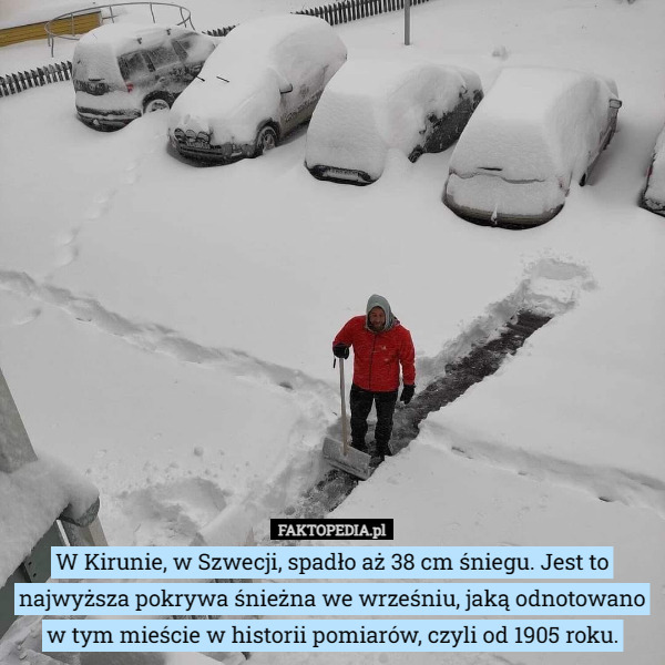 W Kirunie, w Szwecji, spadło aż 38 cm śniegu. Jest to najwyższa pokrywa śnieżna we wrześniu, jaką odnotowano w tym mieście w historii pomiarów, czyli od 1905 roku. 