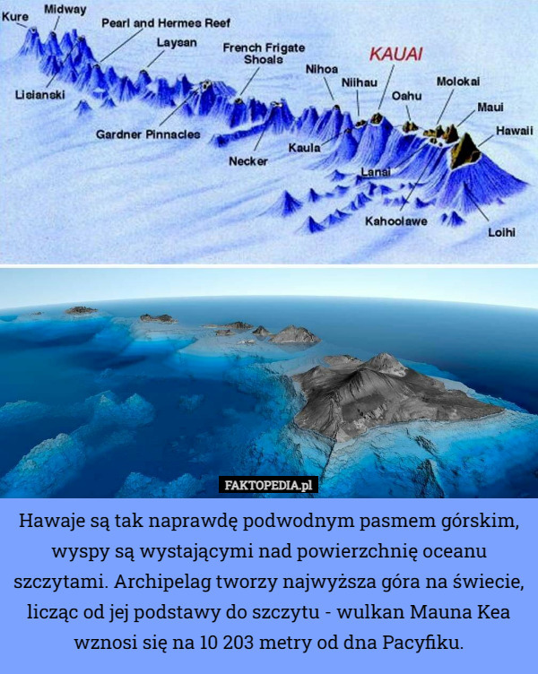 Hawaje są tak naprawdę podwodnym pasmem górskim, wyspy są wystającymi nad powierzchnię oceanu szczytami. Archipelag tworzy najwyższa góra na świecie, licząc od jej podstawy do szczytu - wulkan Mauna Kea wznosi się na 10 203 metry od dna Pacyfiku. 