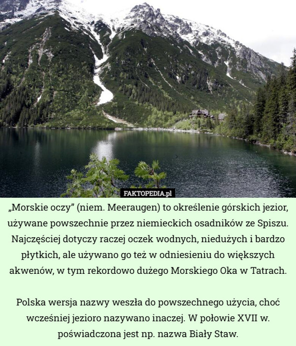 „Morskie oczy” (niem. Meeraugen) to określenie górskich jezior, używane powszechnie przez niemieckich osadników ze Spiszu. Najczęściej dotyczy raczej oczek wodnych, niedużych i bardzo płytkich, ale używano go też w odniesieniu do większych akwenów, w tym rekordowo dużego Morskiego Oka w Tatrach.

Polska wersja nazwy weszła do powszechnego użycia, choć wcześniej jezioro nazywano inaczej. W połowie XVII w. poświadczona jest np. nazwa Biały Staw. 