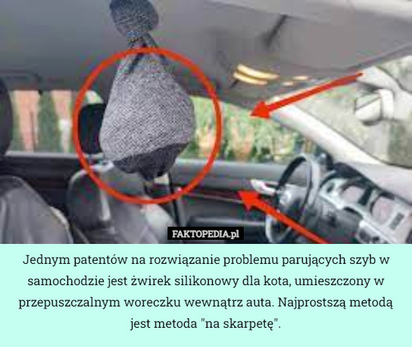 Jednym patentów na rozwiązanie problemu parujących szyb w samochodzie jest żwirek silikonowy dla kota, umieszczony w przepuszczalnym woreczku wewnątrz auta. Najprostszą metodą jest metoda "na skarpetę". 