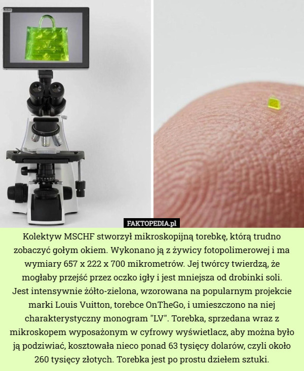 Kolektyw MSCHF stworzył mikroskopijną torebkę, którą trudno zobaczyć gołym okiem. Wykonano ją z żywicy fotopolimerowej i ma wymiary 657 x 222 x 700 mikrometrów. Jej twórcy twierdzą, że mogłaby przejść przez oczko igły i jest mniejsza od drobinki soli.
 Jest intensywnie żółto-zielona, wzorowana na popularnym projekcie marki Louis Vuitton, torebce OnTheGo, i umieszczono na niej charakterystyczny monogram "LV". Torebka, sprzedana wraz z mikroskopem wyposażonym w cyfrowy wyświetlacz, aby można było ją podziwiać, kosztowała nieco ponad 63 tysięcy dolarów, czyli około 260 tysięcy złotych. Torebka jest po prostu dziełem sztuki. 