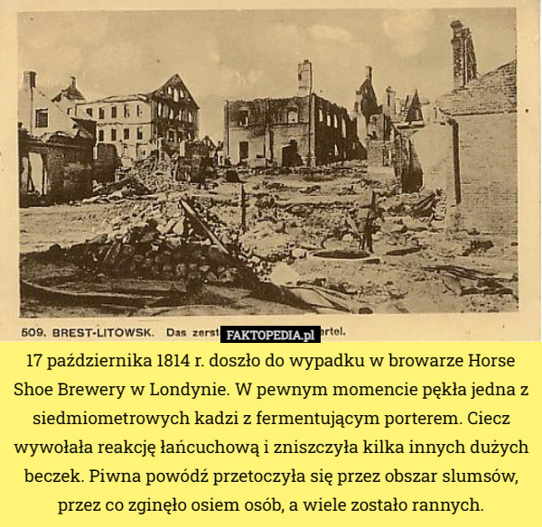 17 października 1814 r. doszło do wypadku w browarze Horse Shoe Brewery w Londynie. W pewnym momencie pękła jedna z siedmiometrowych kadzi z fermentującym porterem. Ciecz wywołała reakcję łańcuchową i zniszczyła kilka innych dużych beczek. Piwna powódź przetoczyła się przez obszar slumsów, przez co zginęło osiem osób, a wiele zostało rannych. 