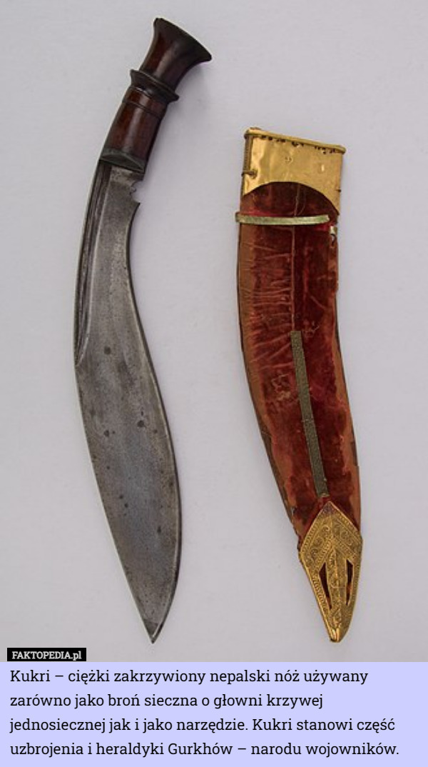 Kukri – ciężki zakrzywiony nepalski nóż używany zarówno jako broń sieczna o głowni krzywej jednosiecznej jak i jako narzędzie. Kukri stanowi część uzbrojenia i heraldyki Gurkhów – narodu wojowników. 