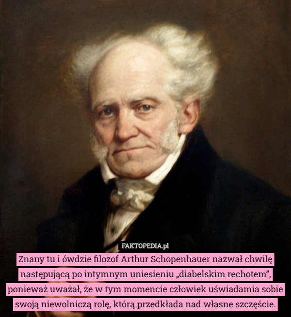Znany tu i ówdzie filozof Arthur Schopenhauer nazwał chwilę następującą po intymnym uniesieniu „diabelskim rechotem”, ponieważ uważał, że w tym momencie człowiek uświadamia sobie swoją niewolniczą rolę, którą przedkłada nad własne szczęście. 