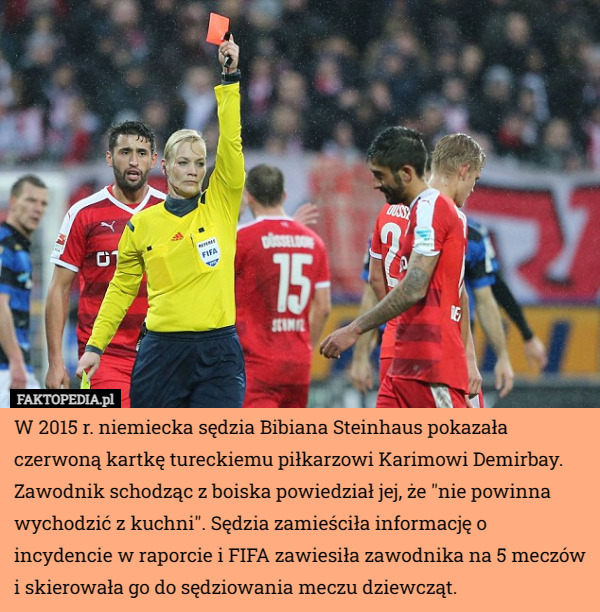 W 2015 r. niemiecka sędzia Bibiana Steinhaus pokazała czerwoną kartkę tureckiemu piłkarzowi Karimowi Demirbay. Zawodnik schodząc z boiska powiedział jej, że "nie powinna wychodzić z kuchni". Sędzia zamieściła informację o incydencie w raporcie i FIFA zawiesiła zawodnika na 5 meczów i skierowała go do sędziowania meczu dziewcząt. 