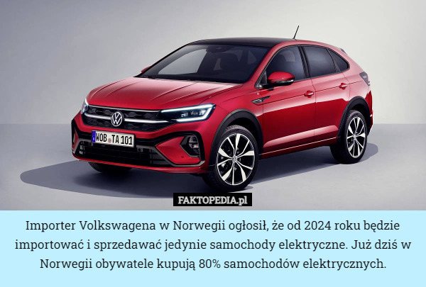Importer Volkswagena w Norwegii ogłosił, że od 2024 roku będzie importować i sprzedawać jedynie samochody elektryczne. Już dziś w Norwegii obywatele kupują 80% samochodów elektrycznych. 