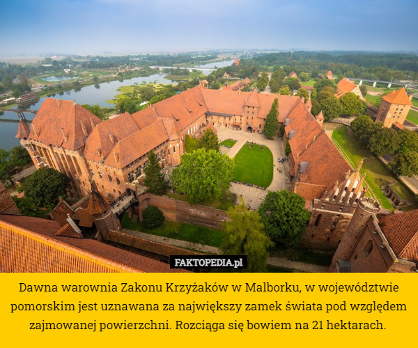 Dawna warownia Zakonu Krzyżaków w Malborku, w województwie pomorskim jest uznawana za największy zamek świata pod względem zajmowanej powierzchni. Rozciąga się bowiem na 21 hektarach. 