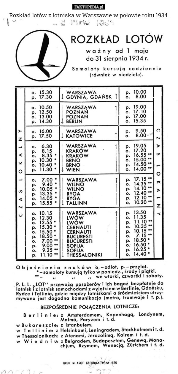 Rozkład lotów z lotniska w Warszawie w połowie roku 1934. 