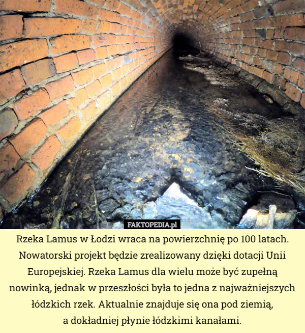 Rzeka Lamus w Łodzi wraca na powierzchnię po 100 latach. Nowatorski projekt będzie zrealizowany dzięki dotacji Unii Europejskiej. Rzeka Lamus dla wielu może być zupełną nowinką, jednak w przeszłości była to jedna z najważniejszych łódzkich rzek. Aktualnie znajduje się ona pod ziemią,
 a dokładniej płynie łódzkimi kanałami. 