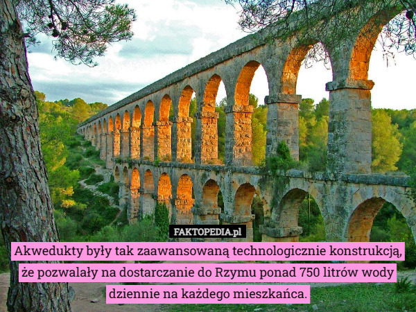 Akwedukty były tak zaawansowaną technologicznie konstrukcją, że pozwalały na dostarczanie do Rzymu ponad 750 litrów wody dziennie na każdego mieszkańca. 