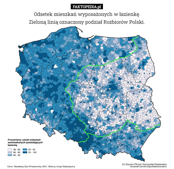 Odsetek mieszkań wyposażonych w łazienkę.
Zieloną linią oznaczony podział Rozbiorów Polski. 