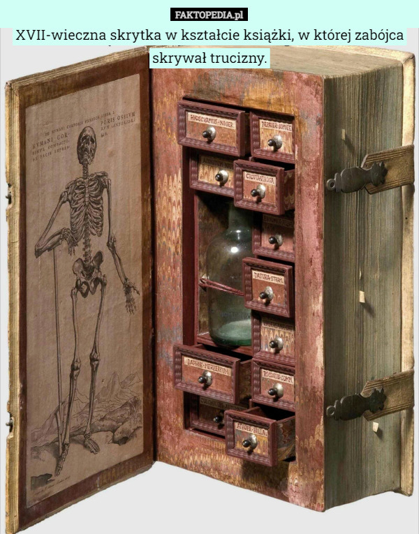 XVII-wieczna skrytka w kształcie książki, w której zabójca skrywał trucizny. 