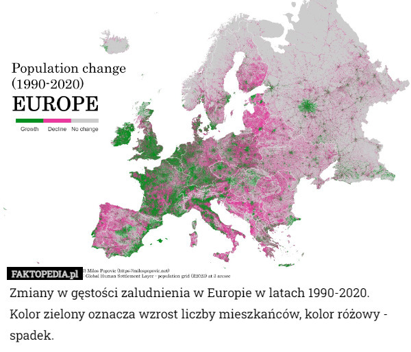 Zmiany w gęstości zaludnienia w Europie w latach 1990-2020.
Kolor zielony oznacza wzrost liczby mieszkańców, kolor różowy - spadek. 