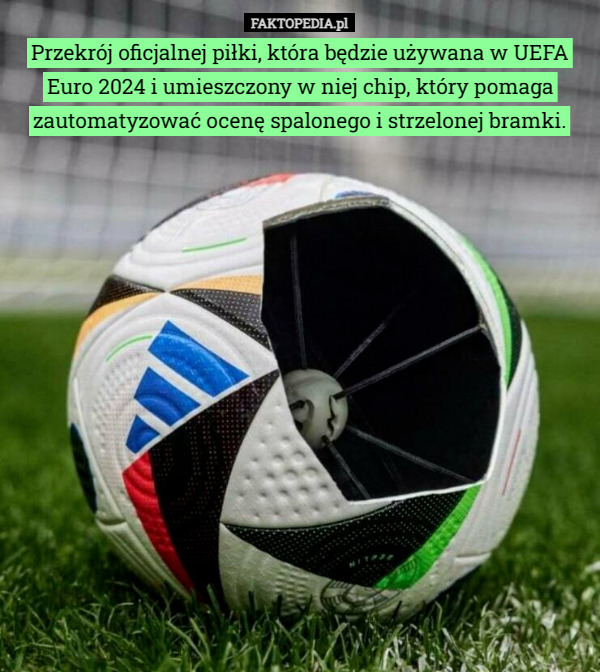 Przekrój oficjalnej piłki, która będzie używana w UEFA Euro 2024 i umieszczony w niej chip, który pomaga zautomatyzować ocenę spalonego i strzelonej bramki. 