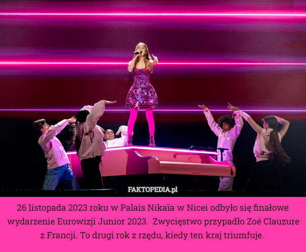 26 listopada 2023 roku w Palais Nikaïa w Nicei odbyło się finałowe wydarzenie Eurowizji Junior 2023.  Zwycięstwo przypadło Zoé Clauzure z Francji. To drugi rok z rzędu, kiedy ten kraj triumfuje. 