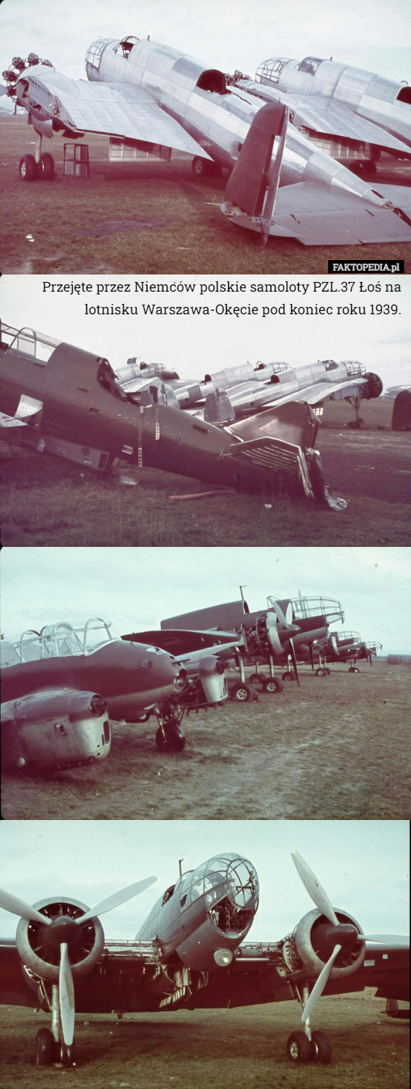 Przejęte przez Niemców polskie samoloty PZL.37 Łoś na lotnisku Warszawa-Okęcie pod koniec roku 1939. 