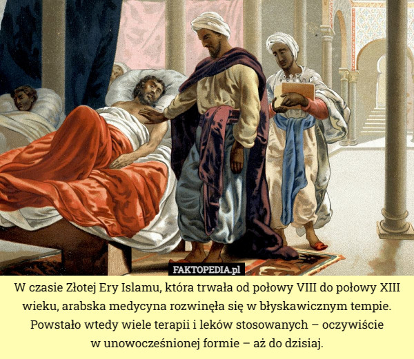 W czasie Złotej Ery Islamu, która trwała od połowy VIII do połowy XIII wieku, arabska medycyna rozwinęła się w błyskawicznym tempie. Powstało wtedy wiele terapii i leków stosowanych – oczywiście
 w unowocześnionej formie – aż do dzisiaj. 