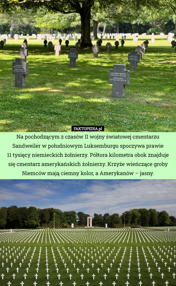 Na pochodzącym z czasów II wojny światowej cmentarzu Sandweiler w południowym Luksemburgu spoczywa prawie
11 tysięcy niemieckich żołnierzy. Półtora kilometra obok znajduje się cmentarz amerykańskich żołnierzy. Krzyże wieńczące groby Niemców mają ciemny kolor, a Amerykanów – jasny. 