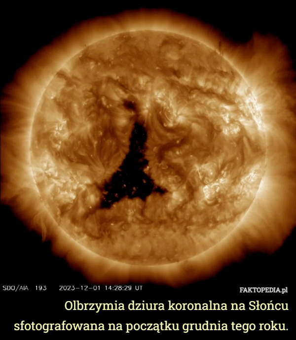 Olbrzymia dziura koronalna na Słońcu sfotografowana na początku grudnia tego roku. 