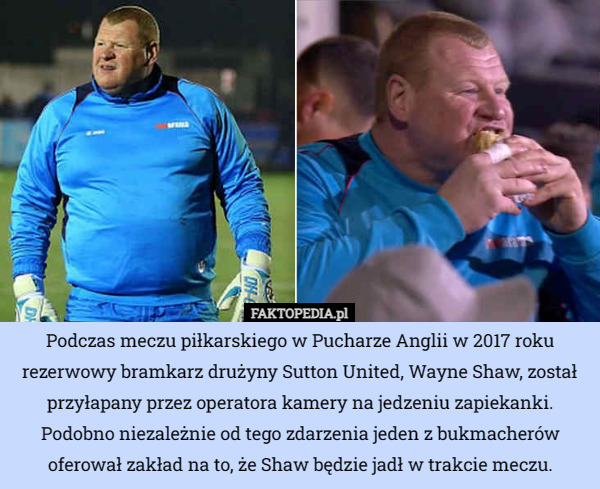 Podczas meczu piłkarskiego w Pucharze Anglii w 2017 roku rezerwowy bramkarz drużyny Sutton United, Wayne Shaw, został przyłapany przez operatora kamery na jedzeniu zapiekanki. Podobno niezależnie od tego zdarzenia jeden z bukmacherów oferował zakład na to, że Shaw będzie jadł w trakcie meczu. 