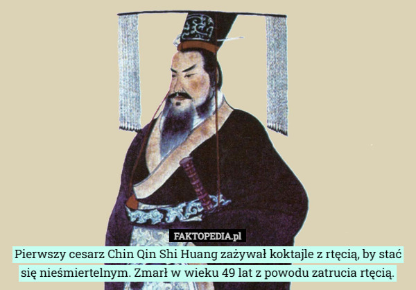 Pierwszy cesarz Chin Qin Shi Huang zażywał koktajle z rtęcią, by stać się nieśmiertelnym. Zmarł w wieku 49 lat z powodu zatrucia rtęcią. 