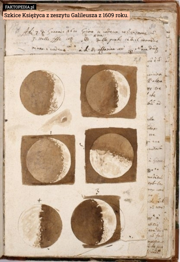 Szkice Księżyca z zeszytu Galileusza z 1609 roku. 