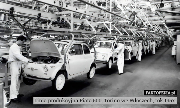 Linia produkcyjna Fiata 500, Torino we Włoszech, rok 1957. 