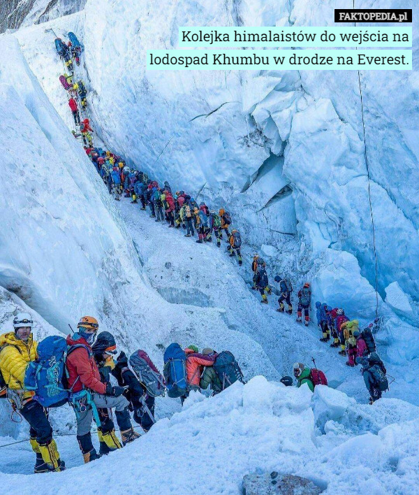 Kolejka himalaistów do wejścia na lodospad Khumbu w drodze na Everest. 