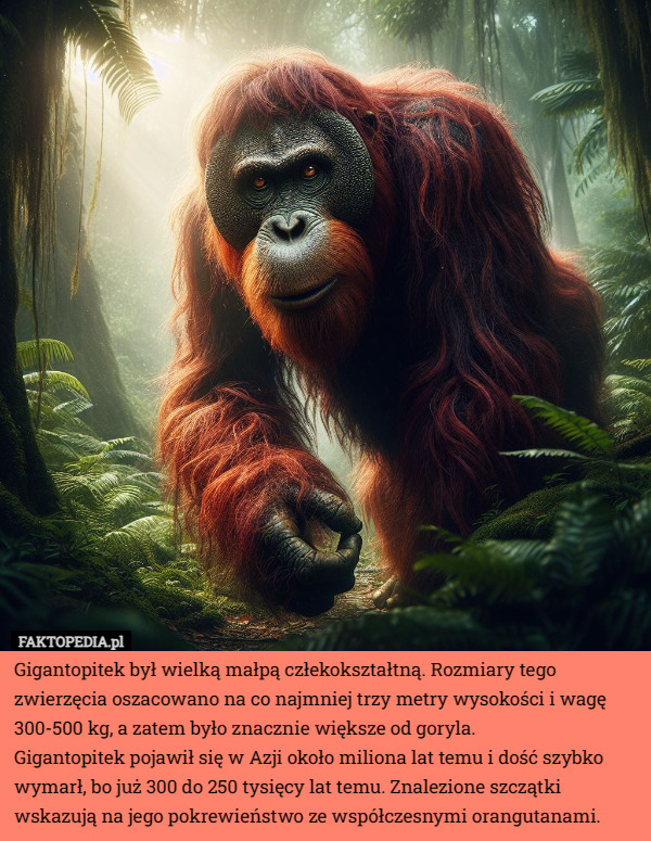 Gigantopitek był wielką małpą człekokształtną. Rozmiary tego zwierzęcia oszacowano na co najmniej trzy metry wysokości i wagę 300-500 kg, a zatem było znacznie większe od goryla. 
Gigantopitek pojawił się w Azji około miliona lat temu i dość szybko wymarł, bo już 300 do 250 tysięcy lat temu. Znalezione szczątki wskazują na jego pokrewieństwo ze współczesnymi orangutanami. 
