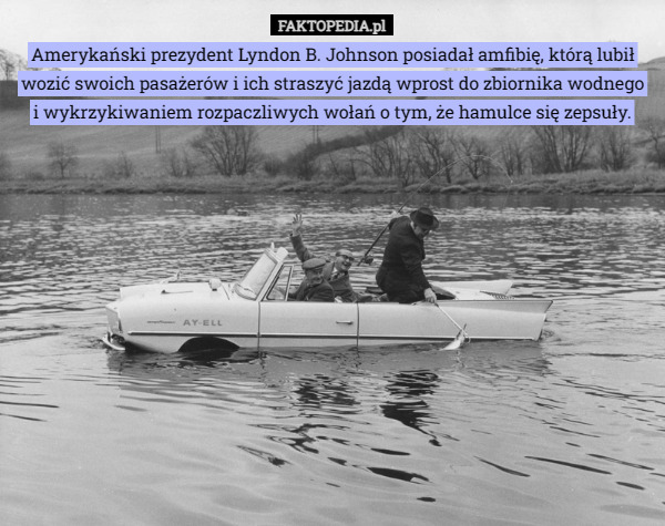 Amerykański prezydent Lyndon B. Johnson posiadał amfibię, którą lubił wozić swoich pasażerów i ich straszyć jazdą wprost do zbiornika wodnego
i wykrzykiwaniem rozpaczliwych wołań o tym, że hamulce się zepsuły. 