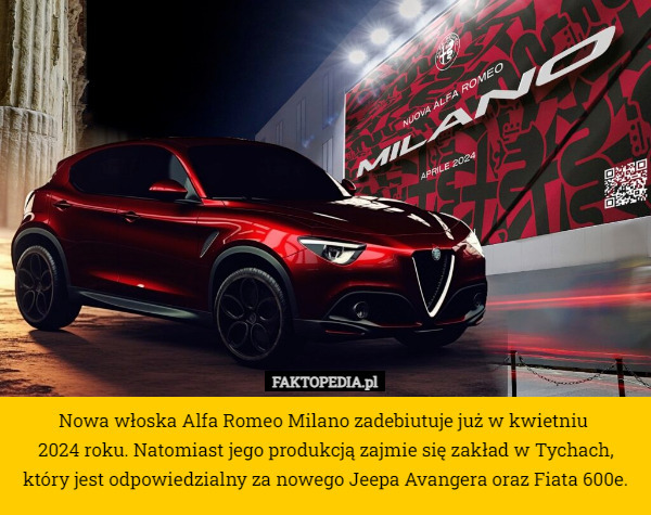 Nowa włoska Alfa Romeo Milano zadebiutuje już w kwietniu 
2024 roku. Natomiast jego produkcją zajmie się zakład w Tychach, który jest odpowiedzialny za nowego Jeepa Avangera oraz Fiata 600e. 