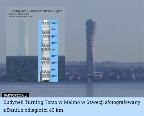Budynek Turning Torso w Malmö w Szwecji sfotografowany z Danii, z odległości 40 km. 