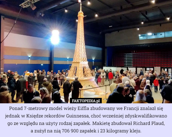 Ponad 7-metrowy model wieży Eiffla zbudowany we Francji znalazł się jednak w Księdze rekordów Guinnessa, choć wcześniej zdyskwalifikowano go ze względu na użyty rodzaj zapałek. Makietę zbudował Richard Plaud,
 a zużył na nią 706 900 zapałek i 23 kilogramy kleju. 